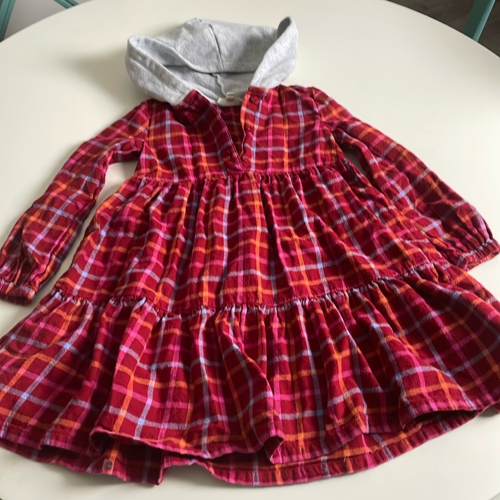 Tucker+Tate Red-Pink-Orange Plaid Flannel Long Sleeve Hooded Dress- 5T